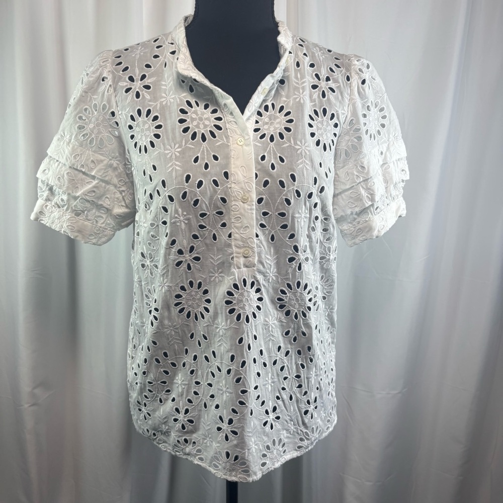 J. Crew White Eyelet Button-Front Puff Sleeve Blouse Small